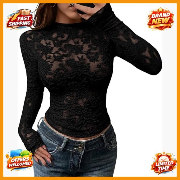 Tops - Mesh Long Sleeve Lace Top Sheer Slim Fit Crew Neck Party Club